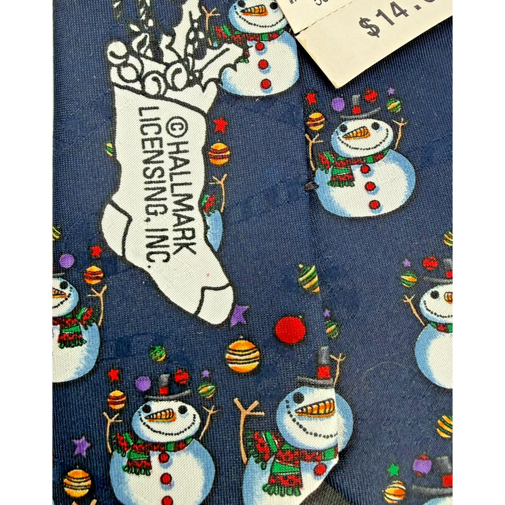 Vintage Hallmark Christmas Tie Snowman Holiday Necktie Blue 1990 Made USA NEW - Picture 9 of 11